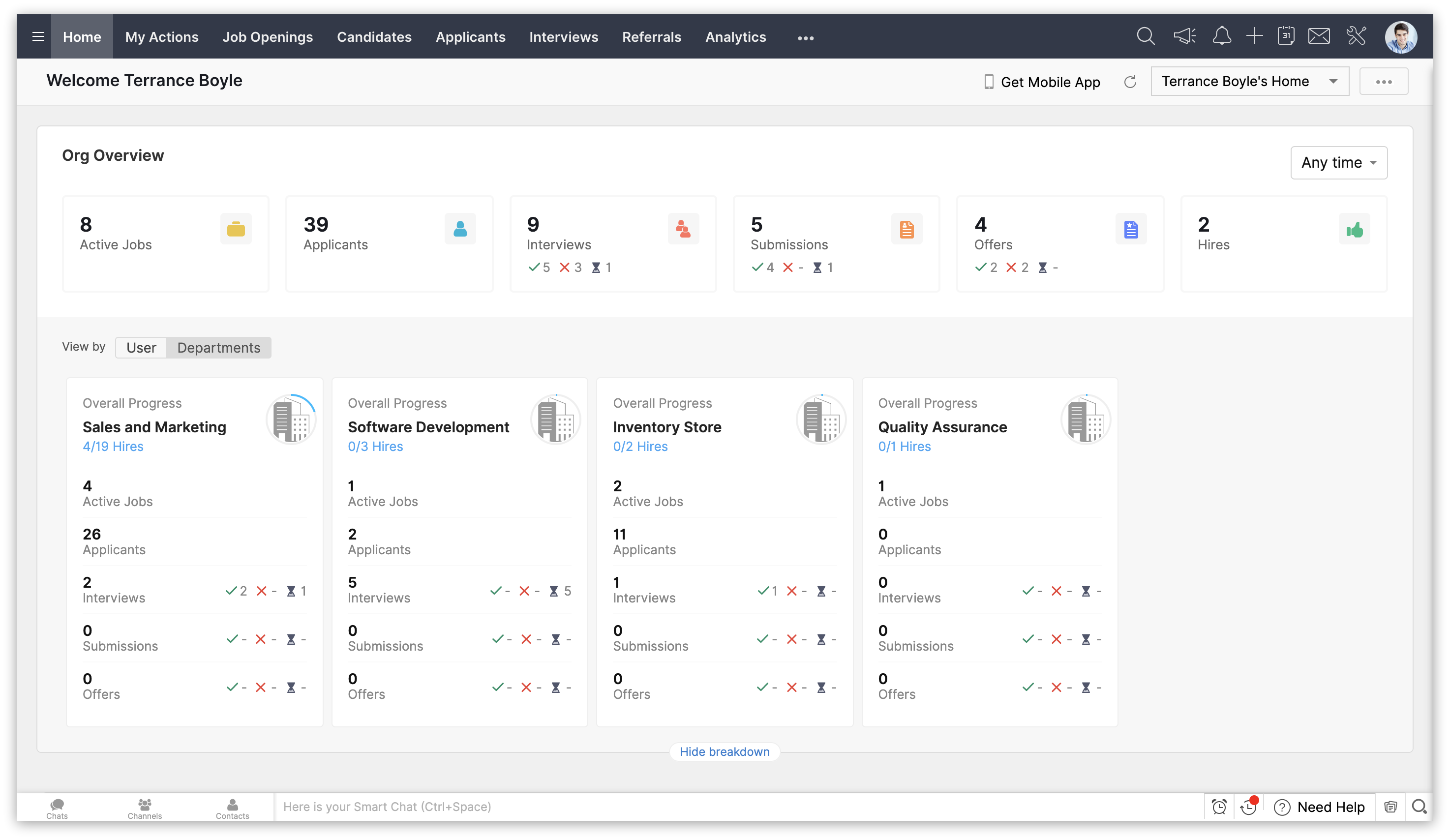 Zoho Recruit applicant tracking dashboard