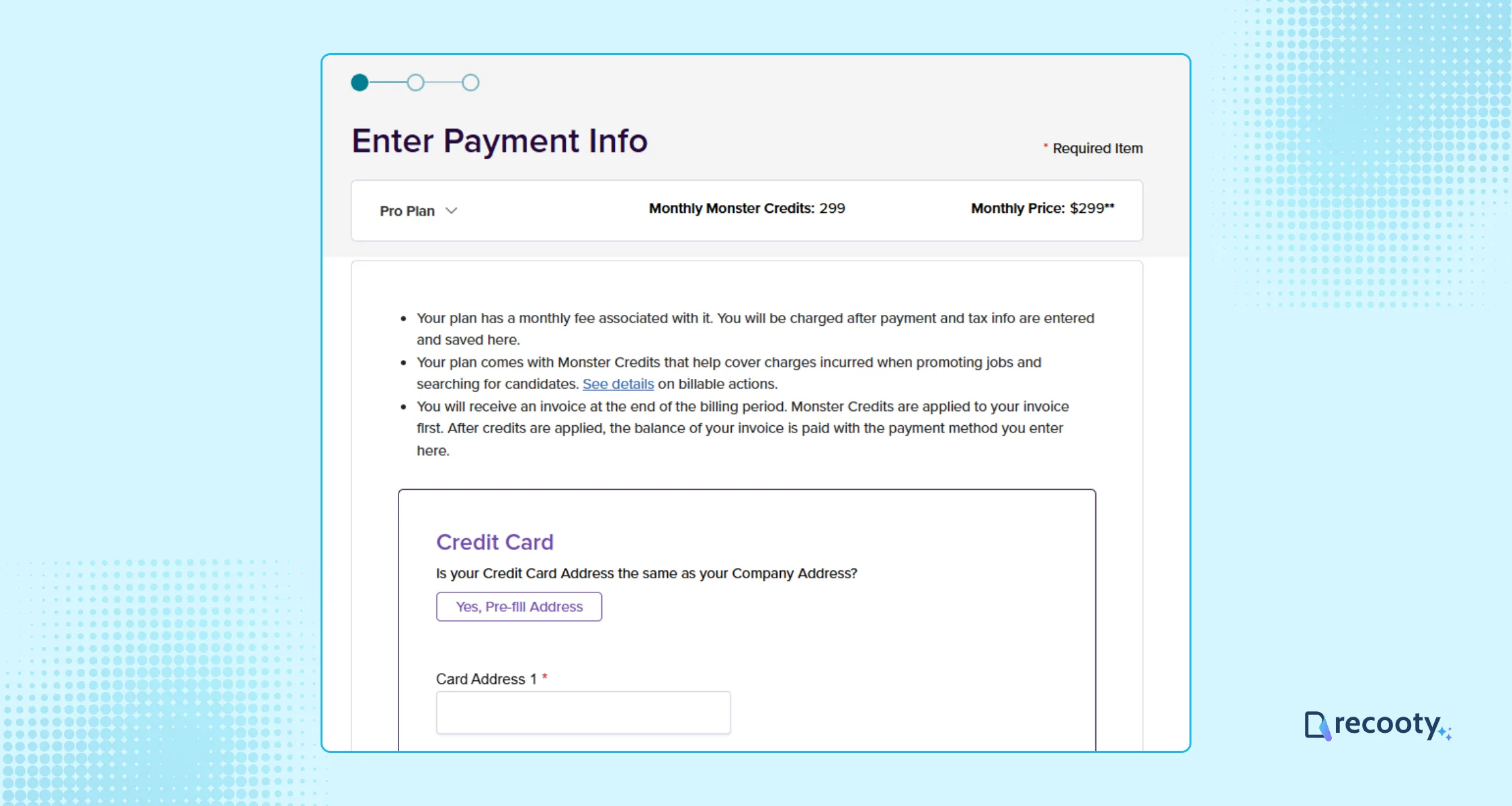 Complete the payment details to post job on Monster