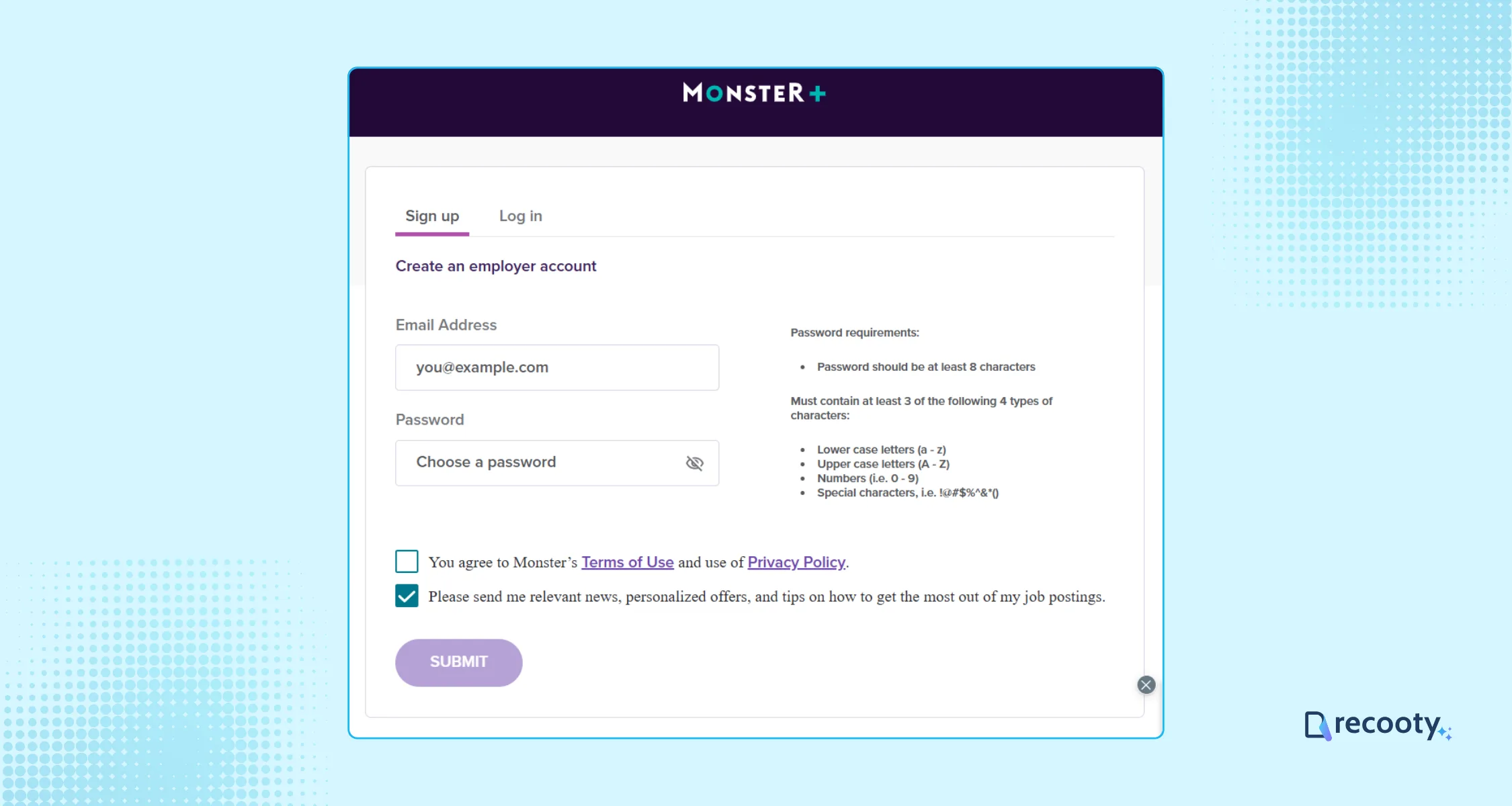 Create an employer account on Monster 1