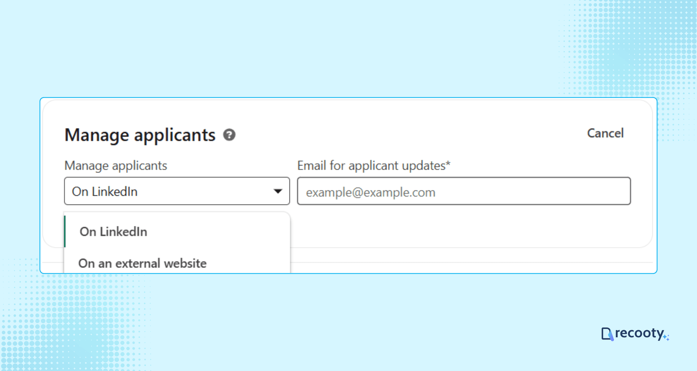 Manage applications on email or on external webiste