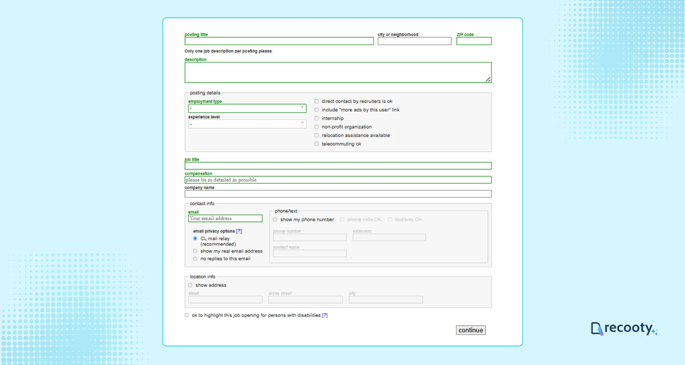 Craigslist details to be added to post a job window