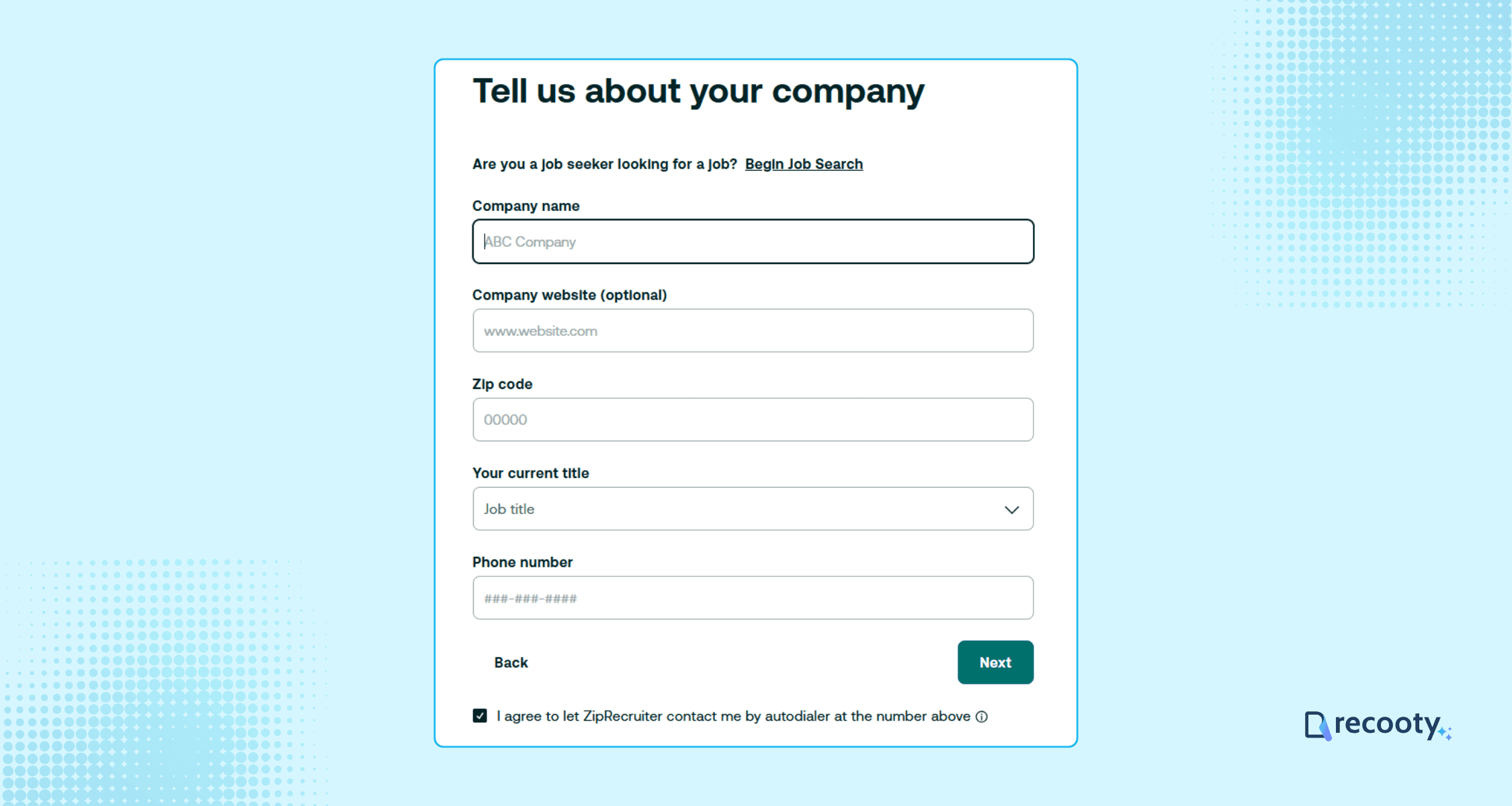 Enter all the company details to set up the account on Ziprecruiter 1