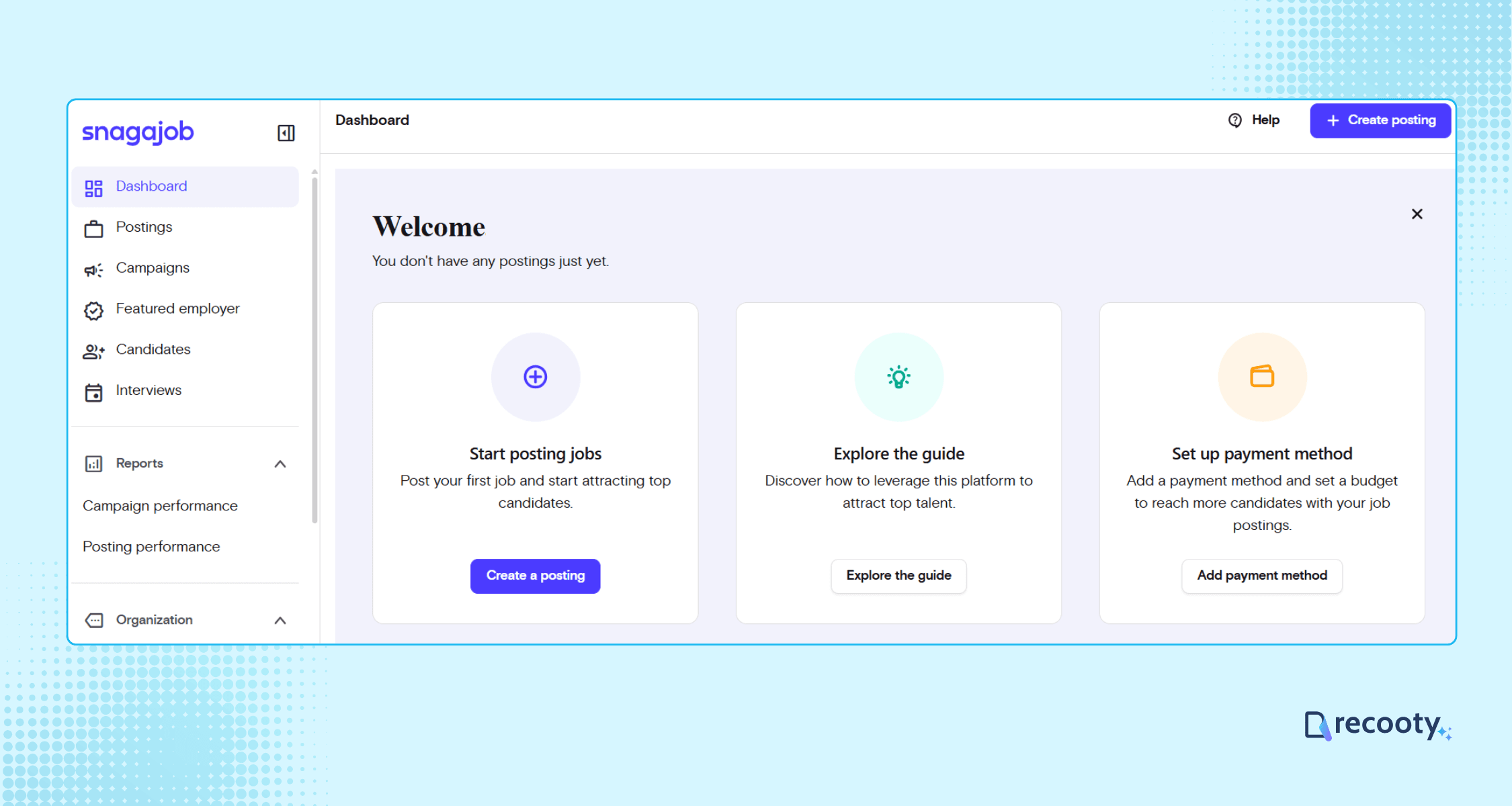 Dashboard view where employer will get the access to Create Posting button 1