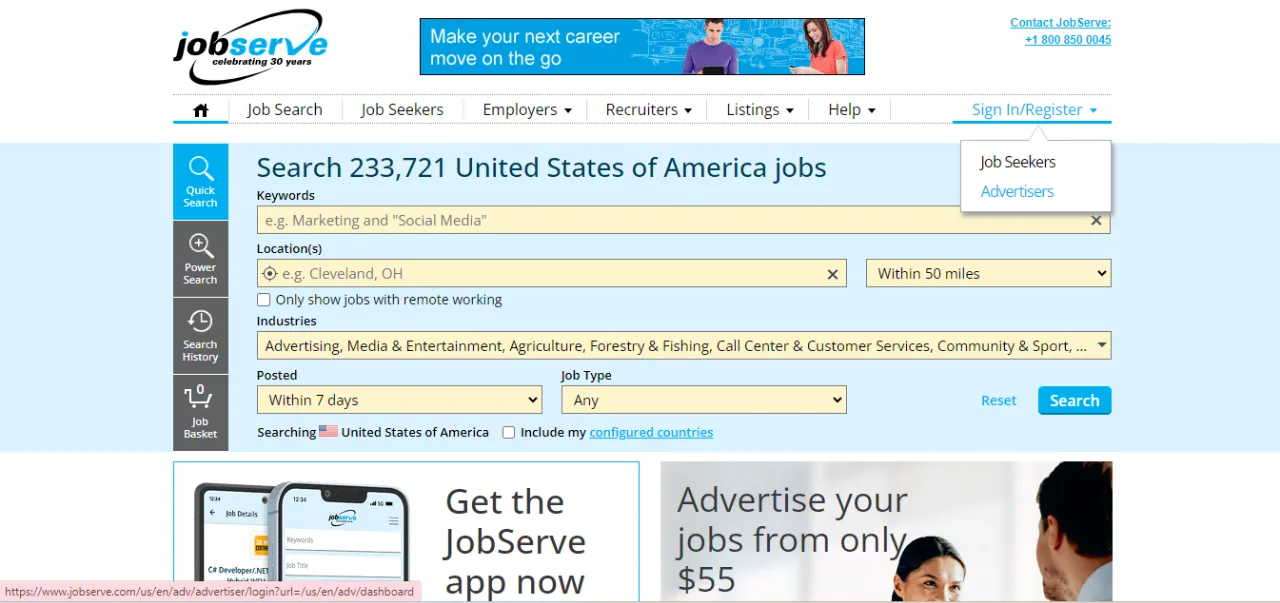 JobServe sign-in and register page