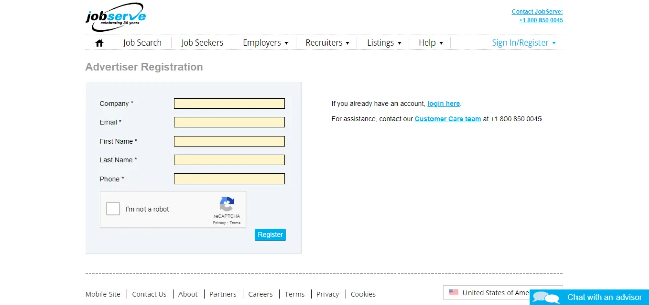 JobServe quick registration form