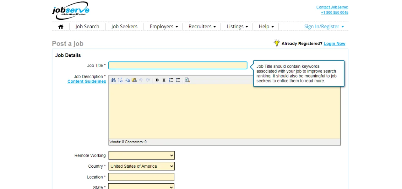 JobServe job details form