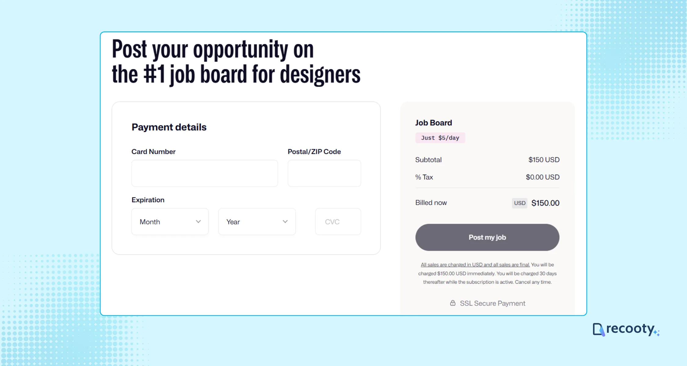 Complete payment details and post job on Dribbble