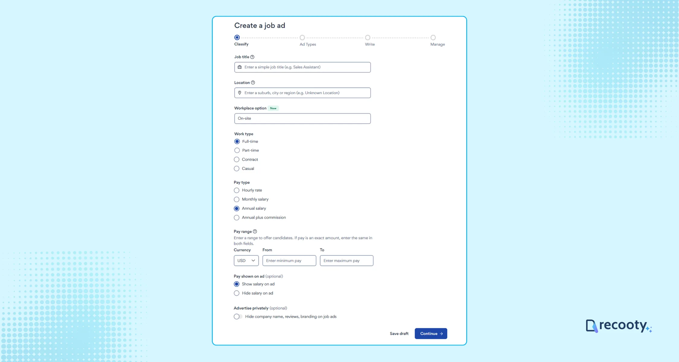Create job ad on seek by entering all the basic job information