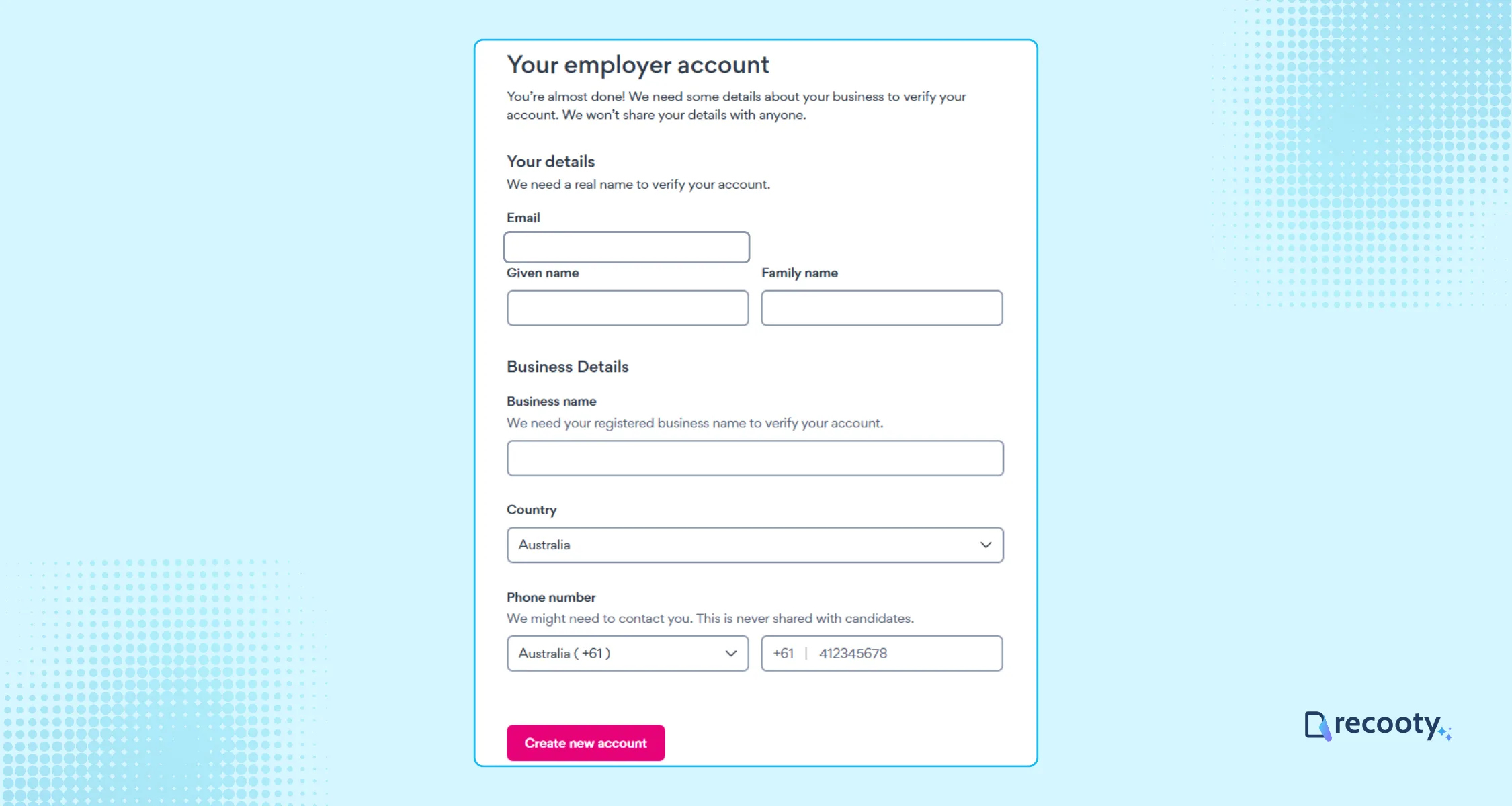 Enter all the basic details to set up your employer account on Seek