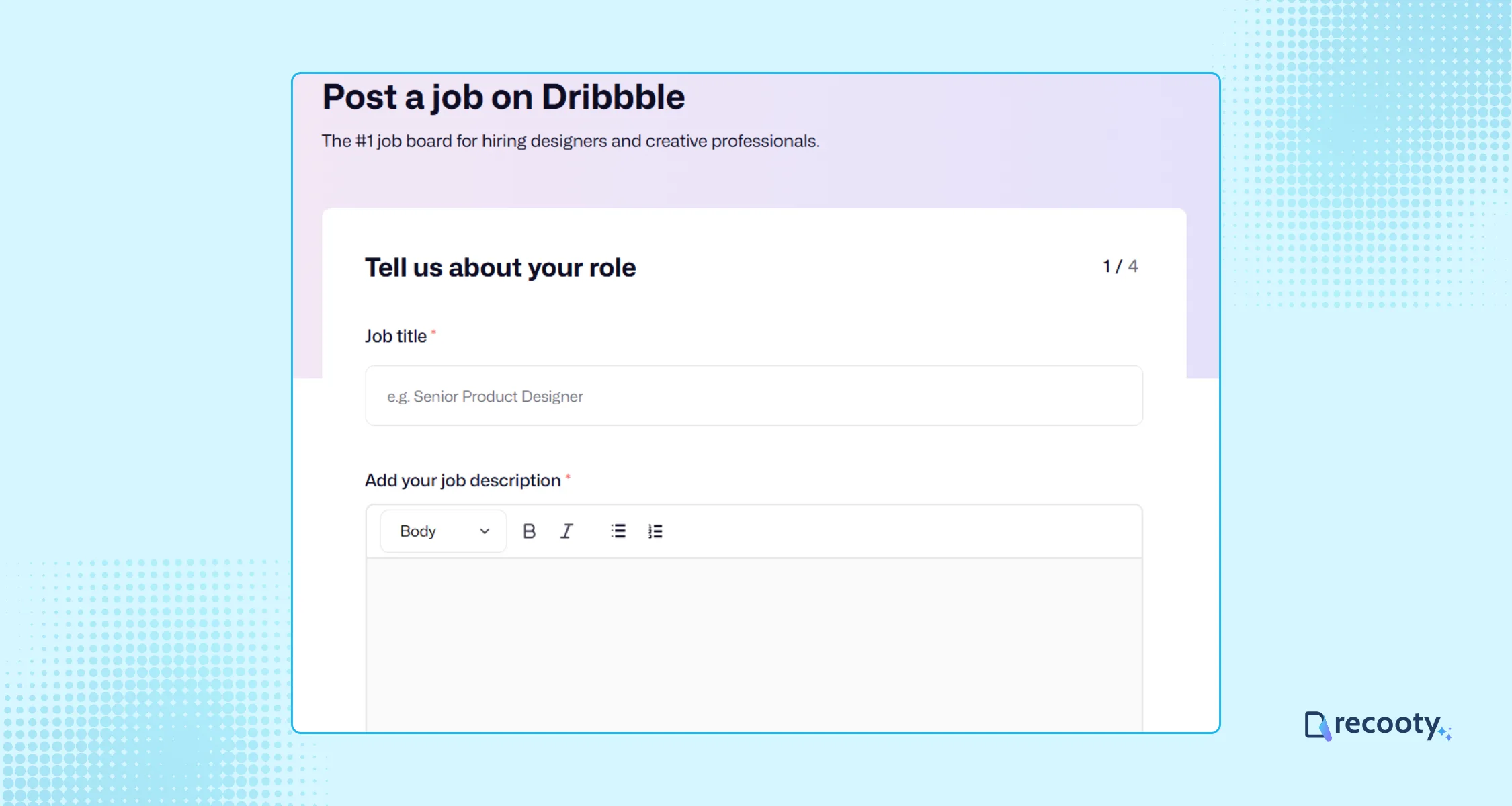 Enter the job title and description to post job on Dribbble