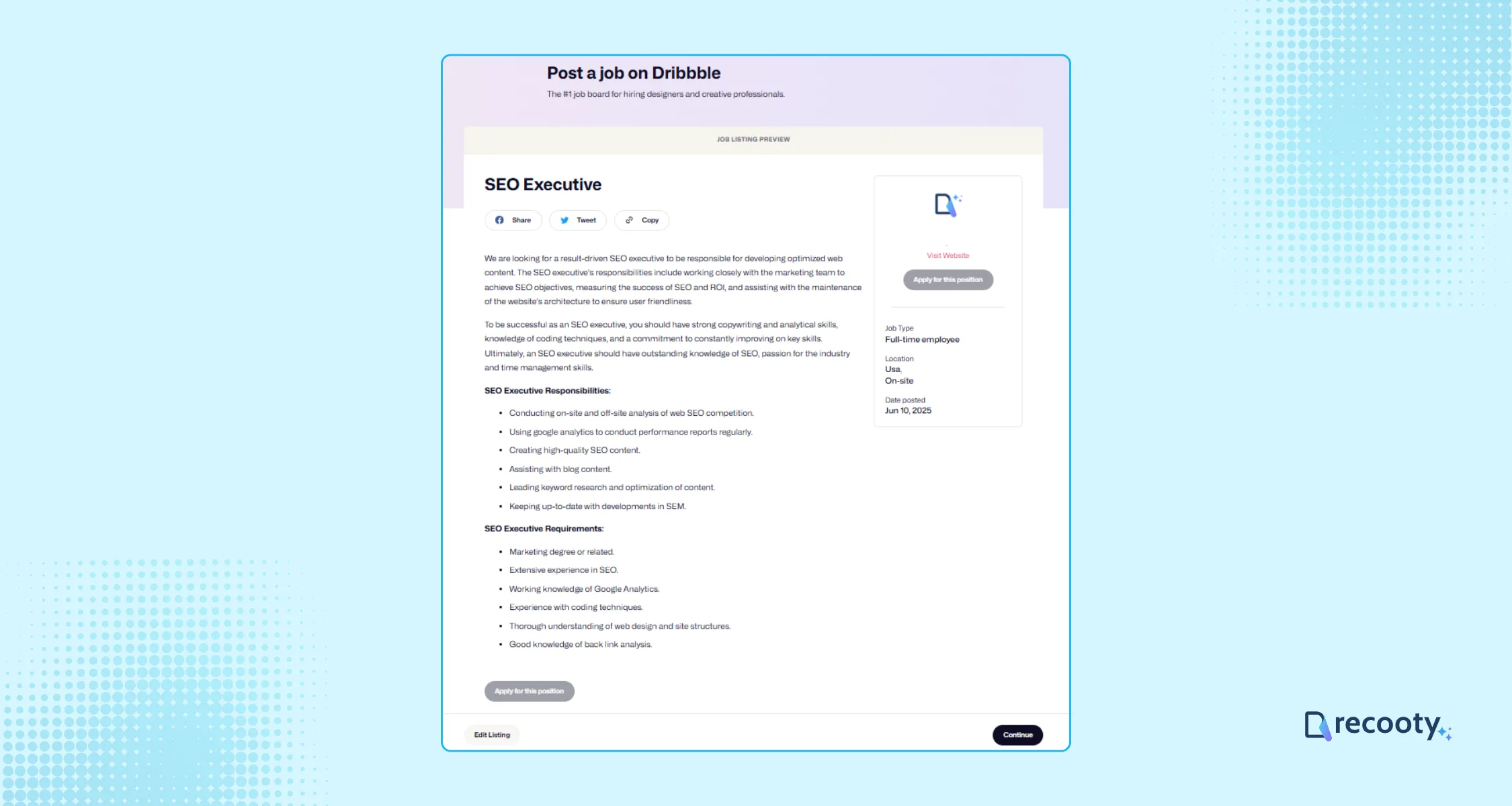 Preview the job listing and edit on Dribbble