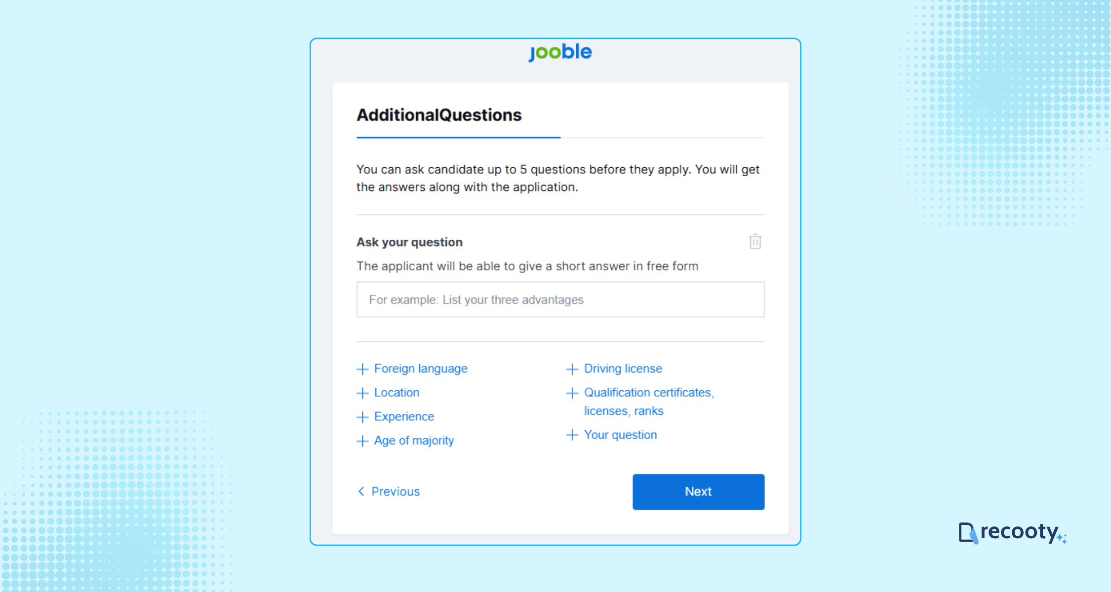 Add screening questions on Jooble