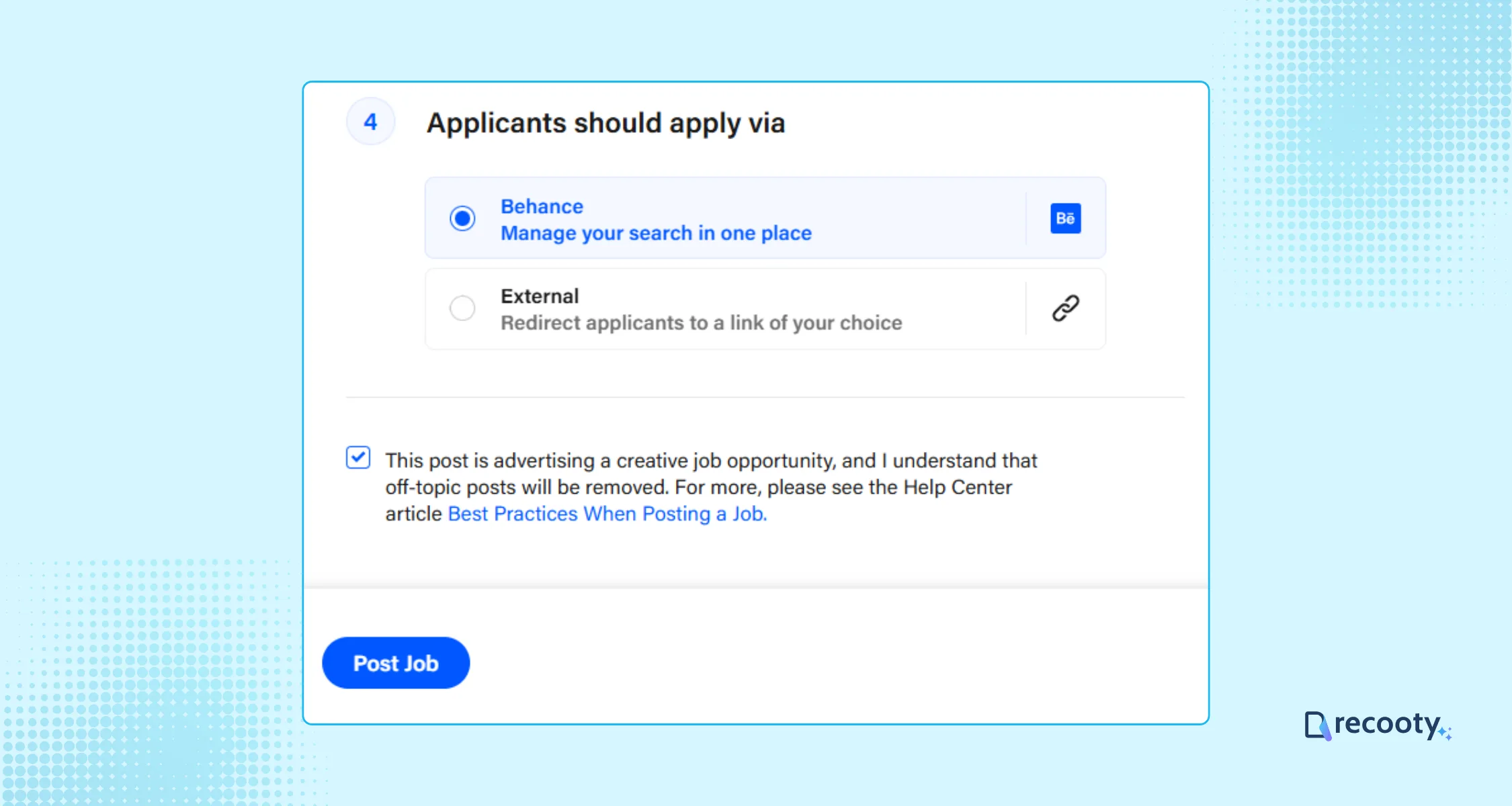 Choose applicant should apply via and post the job on Behance 1